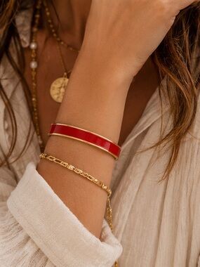 Gold Red Enamel Cuff Bracelet Boho Chic Statement Bangle